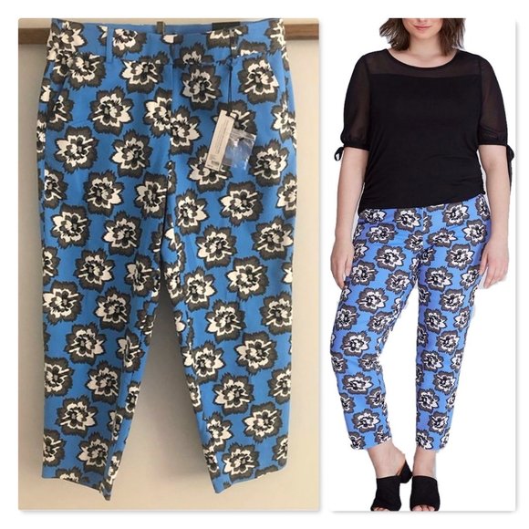Lane Bryant Lena Modernist Blue Floral Ankle Pant Stretch Cotton Blend Sz 14 NWT - Picture 2 of 16